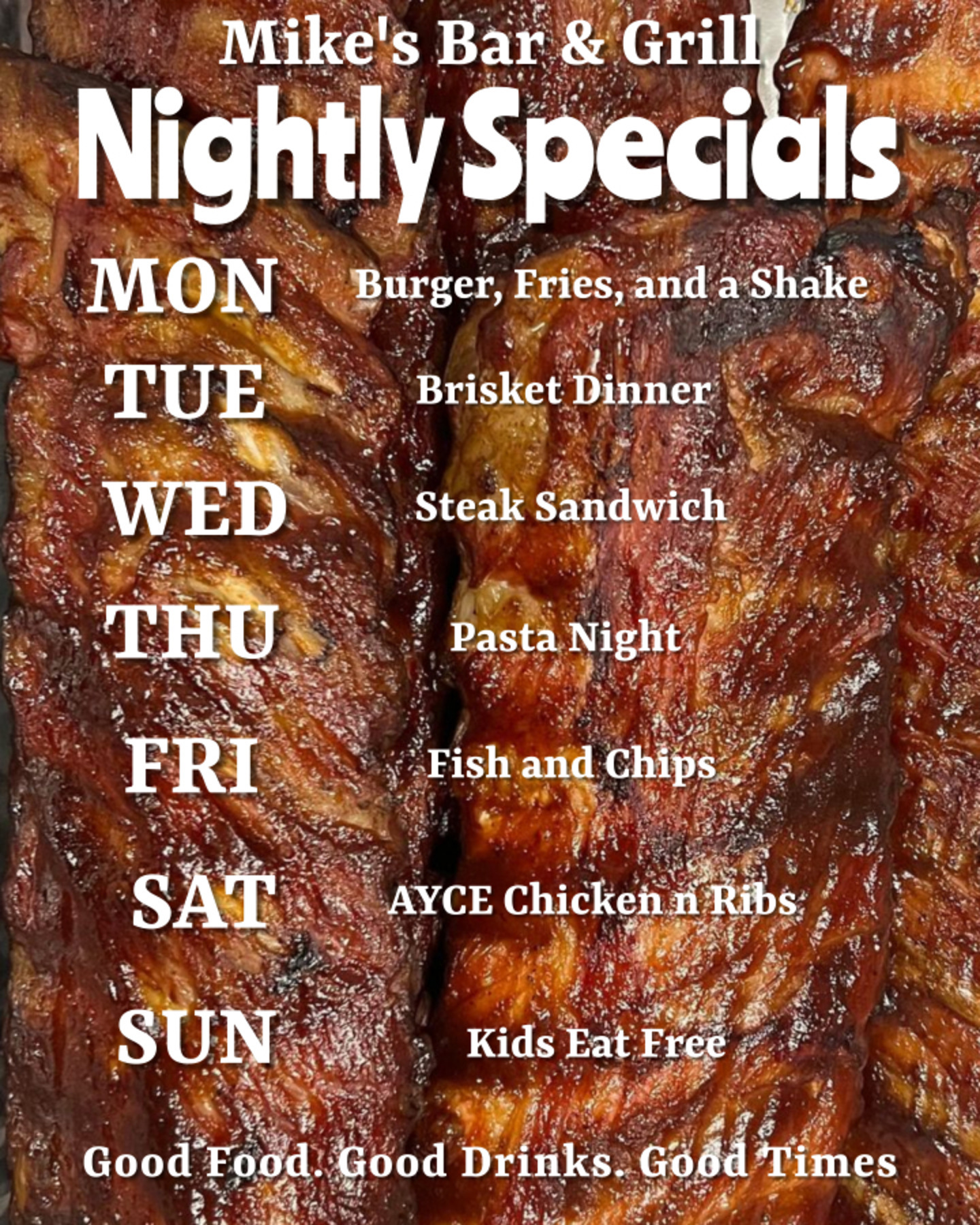 Instagram size of Blackboard Summer Daily Specials Menu Mike's Bar & Grill Saturday Special